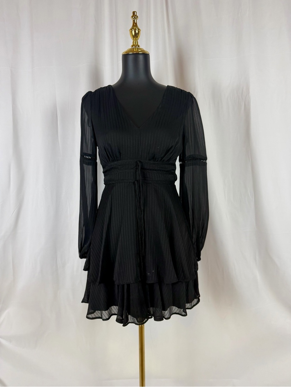 V-Neck Black Long Sleeve Tiered Mini Dress